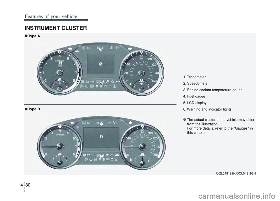 KIA SPORTAGE 2022  Owners Manual Features of your vehicle
80
4
INSTRUMENT CLUSTER
1. Tachometer 
2. Speedometer
3. Engine coolant temperature gauge
4. Fuel gauge
5. LCD display
6. Warning and indicator lights
OQL048192N/OQL048193N

