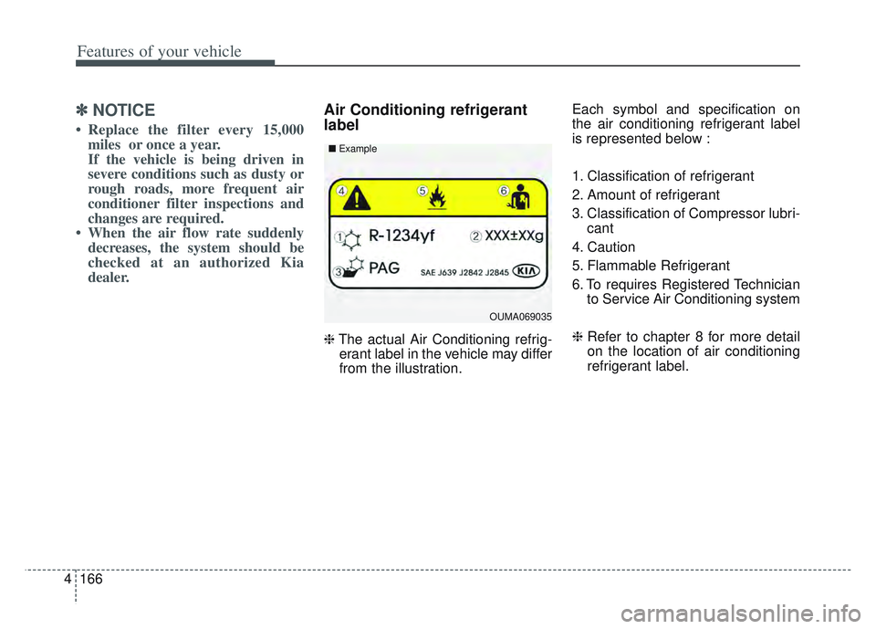 KIA SPORTAGE 2022  Owners Manual Features of your vehicle
166
4
✽ ✽
NOTICE
• Replace the filter every 15,000
miles  or once a year.
If the vehicle is being driven in
severe conditions such as dusty or
rough roads, more frequent