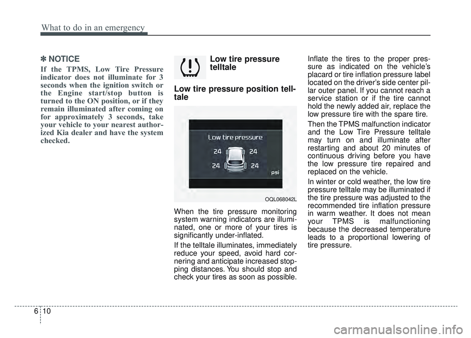 KIA SPORTAGE 2022  Owners Manual What to do in an emergency
10
6
✽ ✽
NOTICE
If the TPMS, Low Tire Pressure
indicator does not illuminate for 3
seconds when the ignition switch or
the Engine start/stop button is
turned to the ON p