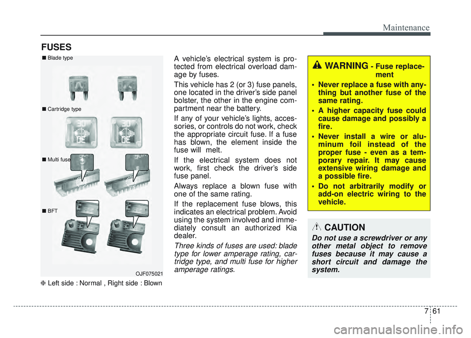 KIA SPORTAGE 2022  Owners Manual 761
Maintenance
FUSES
❈Left side : Normal , Right side : Blown
A vehicle’s electrical system is pro-
tected from electrical overload dam-
age by fuses.
This vehicle has 2 (or 3) fuse panels,
one l