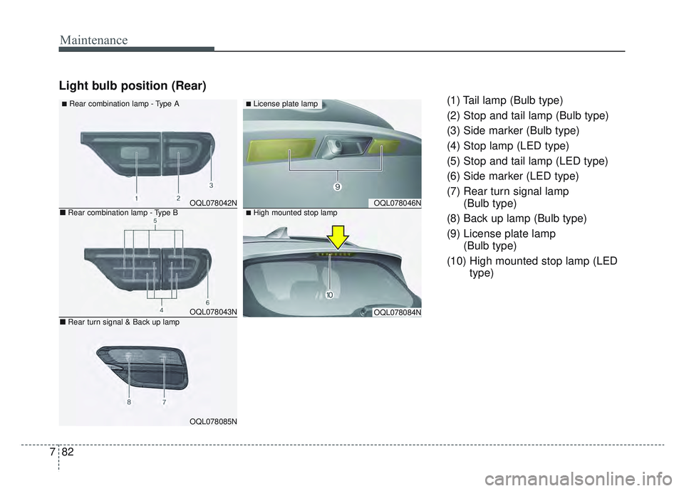 KIA SPORTAGE 2022  Owners Manual Maintenance
82
7
Light bulb position (Rear)
(1) Tail lamp (Bulb type)
(2) Stop and tail lamp (Bulb type)
(3) Side marker (Bulb type)
(4) Stop lamp (LED type)
(5) Stop and tail lamp (LED type)
(6) Side