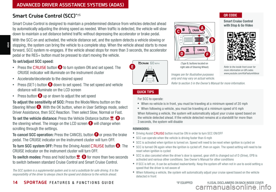 KIA SPORTAGE 2022  Features and Functions Guide 14SPORTAGE  FEATURES & FUNCTIONS GUIDE*IF EQUIPPED                     †LEGAL DISCL AIMERS ON BACK INSIDE COVER
ADVANCED DRIVER ASSISTANCE SYSTEMS (ADAS)
ADAS
Smart Cruise Control (SCC)*†6
Smart C