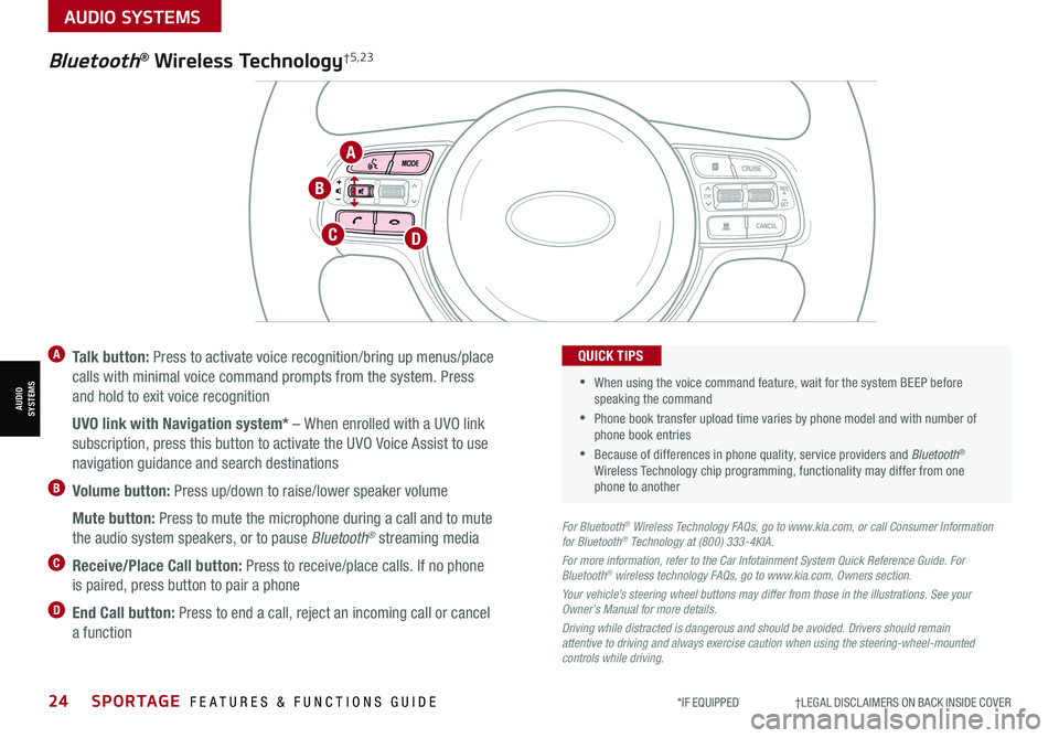 KIA SPORTAGE 2022 Features and Functions Guide 24SPORTAGE FEATURES & FUNCTIONS GUIDE*IF EQUIPPED †LEGAL DISCL AIMERS ON BACK INSIDE COVER
AUDIO SYSTEMS
AUDIOSYSTEMS
TH E S YSTE M
OK
A Talk button: Press to activate voice rec KIA SPORTAGE 2022 Features and Functions Guide 24SPORTAGE FEATURES & FUNCTIONS GUIDE*IF EQUIPPED †LEGAL DISCL AIMERS ON BACK INSIDE COVER
AUDIO SYSTEMS
AUDIOSYSTEMS
TH E S YSTE M
OK
A Talk button: Press to activate voice rec