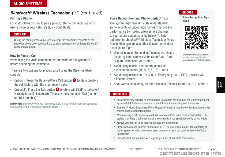 KIA SPORTAGE 2022  Features and Functions Guide 25ALWAYS CHECK THE OWNER’S MANUAL FOR COMPLETE OPER ATING INFORMATION AND SAFET Y WARNINGS. *IF EQUIPPED                     †LEGAL DISCL AIMERS ON BACK INSIDE COVER
AUDIO SYSTEMS
AUDIOSYSTEMS
Voi