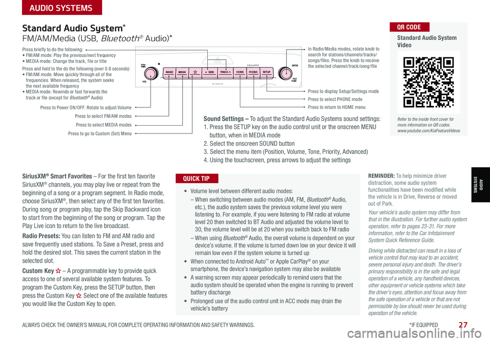 KIA SPORTAGE 2022  Features and Functions Guide AUDIO SYSTEMS
ALWAYS CHECK THE OWNER’S MANUAL FOR COMPLETE OPER ATING INFORMATION AND SAFET Y WARNINGS.  *IF EQUIPPED
AUDIOSYSTEMS
27
Press briefly to do the following:•  FM/AM mode: Play the prev