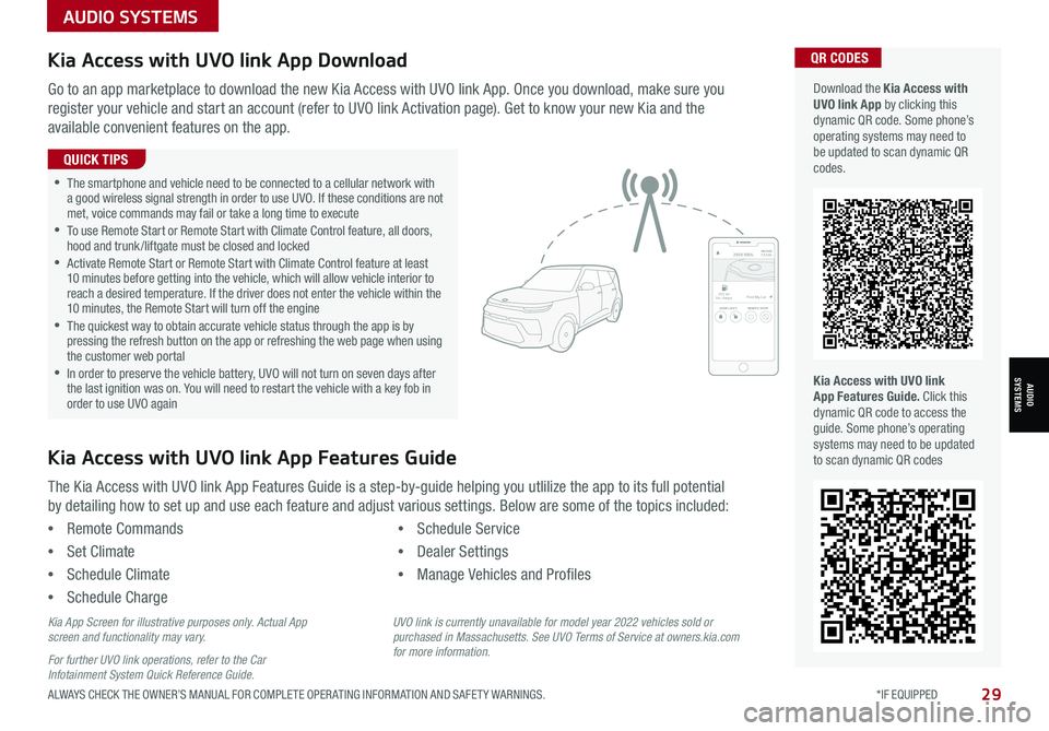 KIA SPORTAGE 2022  Features and Functions Guide AUDIO SYSTEMS
AUDIOSYSTEMS
29ALWAYS CHECK THE OWNER’S MANUAL FOR COMPLETE OPER ATING INFORMATION AND SAFET Y WARNINGS.  *IF EQUIPPED
Kia Access with UVO link App DownloadQR CODES
Kia Access with UVO