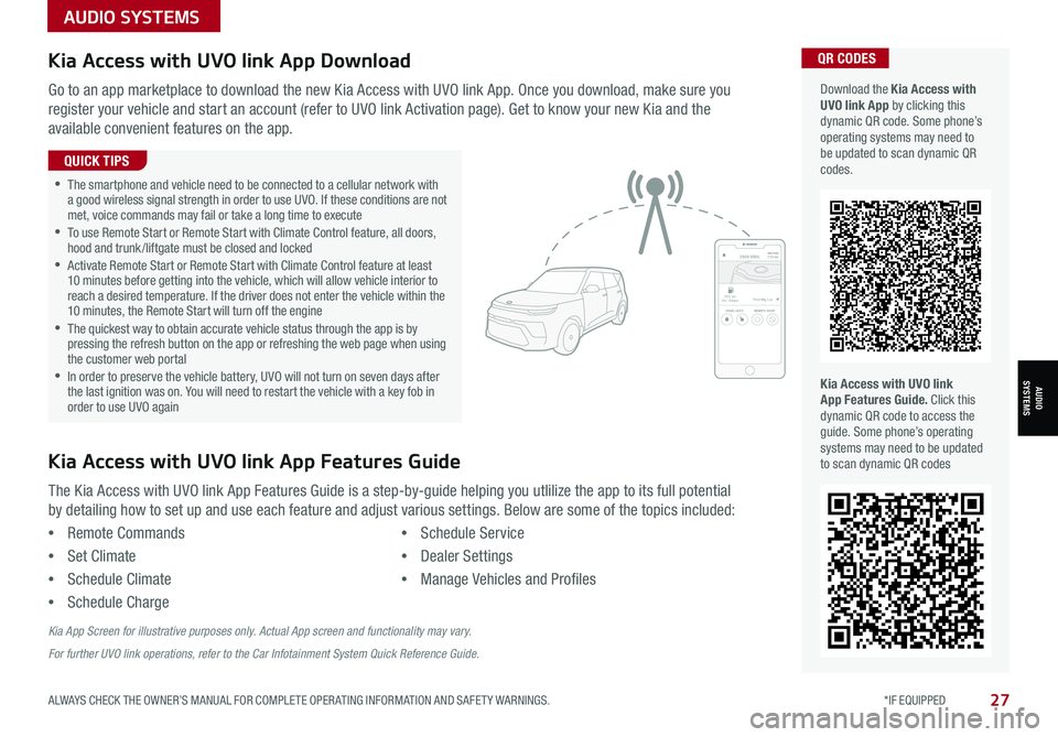 KIA SPORTAGE 2021  Features and Functions Guide AUDIO SYSTEMS
AUDIOSYSTEMS
27ALWAYS CHECK THE OWNER’S MANUAL FOR COMPLETE OPER ATING INFORMATION AND SAFET Y WARNINGS.  *IF EQUIPPED
Kia Access with UVO link App DownloadQR CODES
Kia Access with UVO