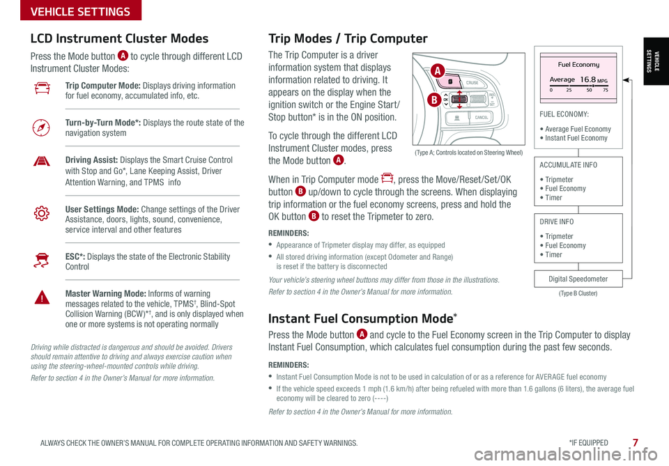 KIA SPORTAGE 2021  Features and Functions Guide *IF EQUIPPED 7ALWAYS CHECK THE OWNER’S MANUAL FOR COMPLETE OPER ATING INFORMATION AND SAFET Y WARNINGS. 
VEHICLE SETTINGS
The Trip Computer is a driver 
information system that displays 
information