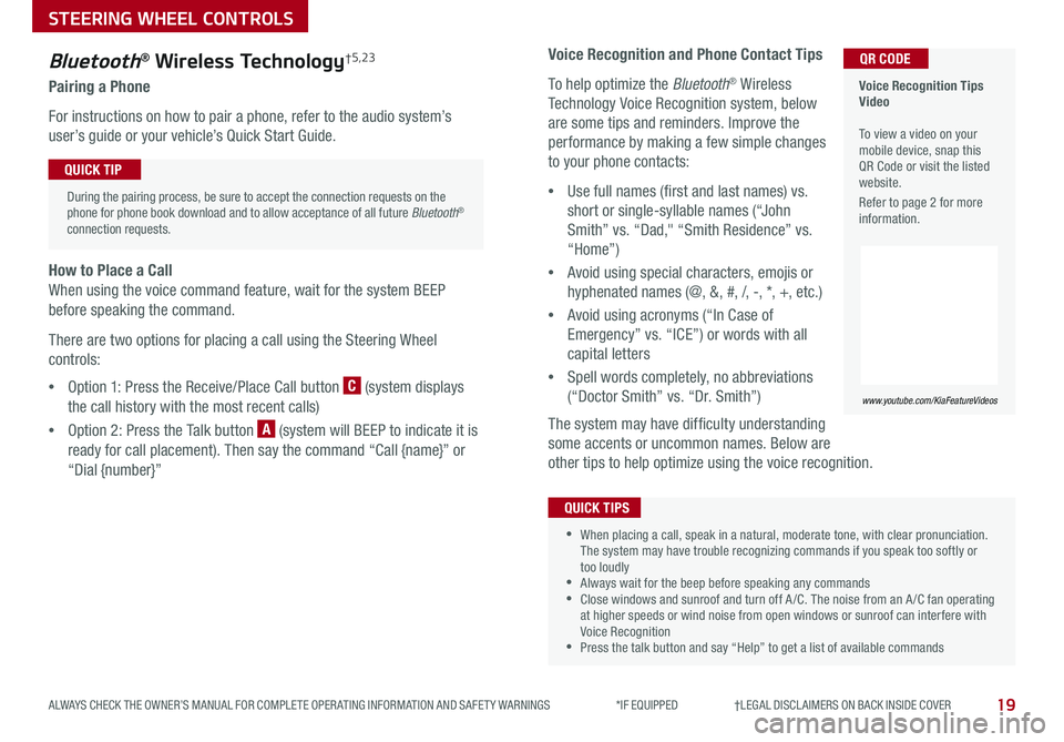 KIA SPORTAGE 2020 Features and Functions Guide 19
STEERING WHEEL CONTROLS
ALWAYS CHECK THE OWNER’S MANUAL FOR COMPLETE OPER ATING INFORMATION AND SAFET Y WARNINGS *IF EQUIPPED †LEGAL DISCL AIMERS ON BACK INSIDE COVER
Voice KIA SPORTAGE 2020 Features and Functions Guide 19
STEERING WHEEL CONTROLS
ALWAYS CHECK THE OWNER’S MANUAL FOR COMPLETE OPER ATING INFORMATION AND SAFET Y WARNINGS *IF EQUIPPED †LEGAL DISCL AIMERS ON BACK INSIDE COVER
Voice