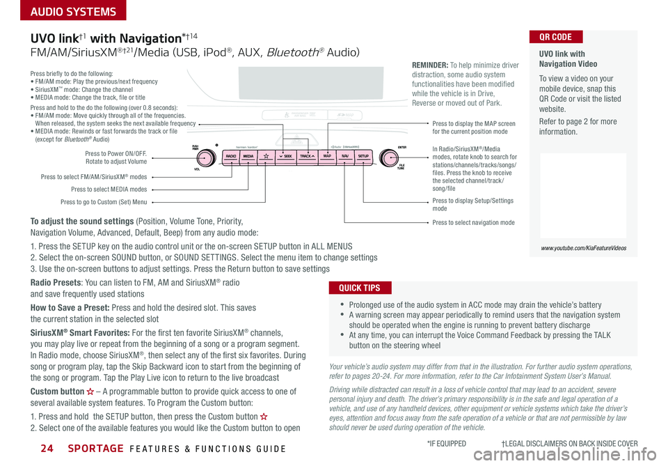 KIA SPORTAGE 2020 Features and Functions Guide SPORTAGE FEATURES & FUNCTIONS GUIDE24*IF EQUIPPED †LEGAL DISCL AIMERS ON BACK INSIDE COVER
AUDIO SYSTEMS
Press briefly to do the following:• FM/AM mode: Play the previous/ne KIA SPORTAGE 2020 Features and Functions Guide SPORTAGE FEATURES & FUNCTIONS GUIDE24*IF EQUIPPED †LEGAL DISCL AIMERS ON BACK INSIDE COVER
AUDIO SYSTEMS
Press briefly to do the following:• FM/AM mode: Play the previous/ne