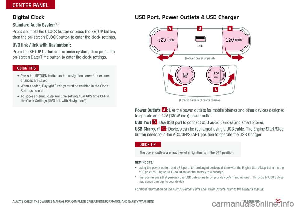 KIA SPORTAGE 2020  Features and Functions Guide 25ALWAYS CHECK THE OWNER’S MANUAL FOR COMPLETE OPER ATING INFORMATION AND SAFET Y WARNINGS  *IF EQUIPPED 
CENTER PANEL 
Power Outlets A: Use the power outlets for mobile phones and other devices des