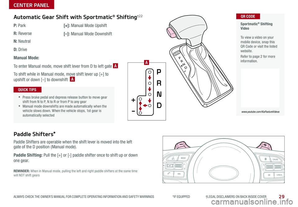 KIA SPORTAGE 2020 Features and Functions Guide 29
CENTER PANEL
ALWAYS CHECK THE OWNER’S MANUAL FOR COMPLETE OPER ATING INFORMATION AND SAFET Y WARNINGS *IF EQUIPPED †LEGAL DISCL AIMERS ON BACK INSIDE COVER
Sportmatic® S KIA SPORTAGE 2020 Features and Functions Guide 29
CENTER PANEL
ALWAYS CHECK THE OWNER’S MANUAL FOR COMPLETE OPER ATING INFORMATION AND SAFET Y WARNINGS *IF EQUIPPED †LEGAL DISCL AIMERS ON BACK INSIDE COVER
Sportmatic® S