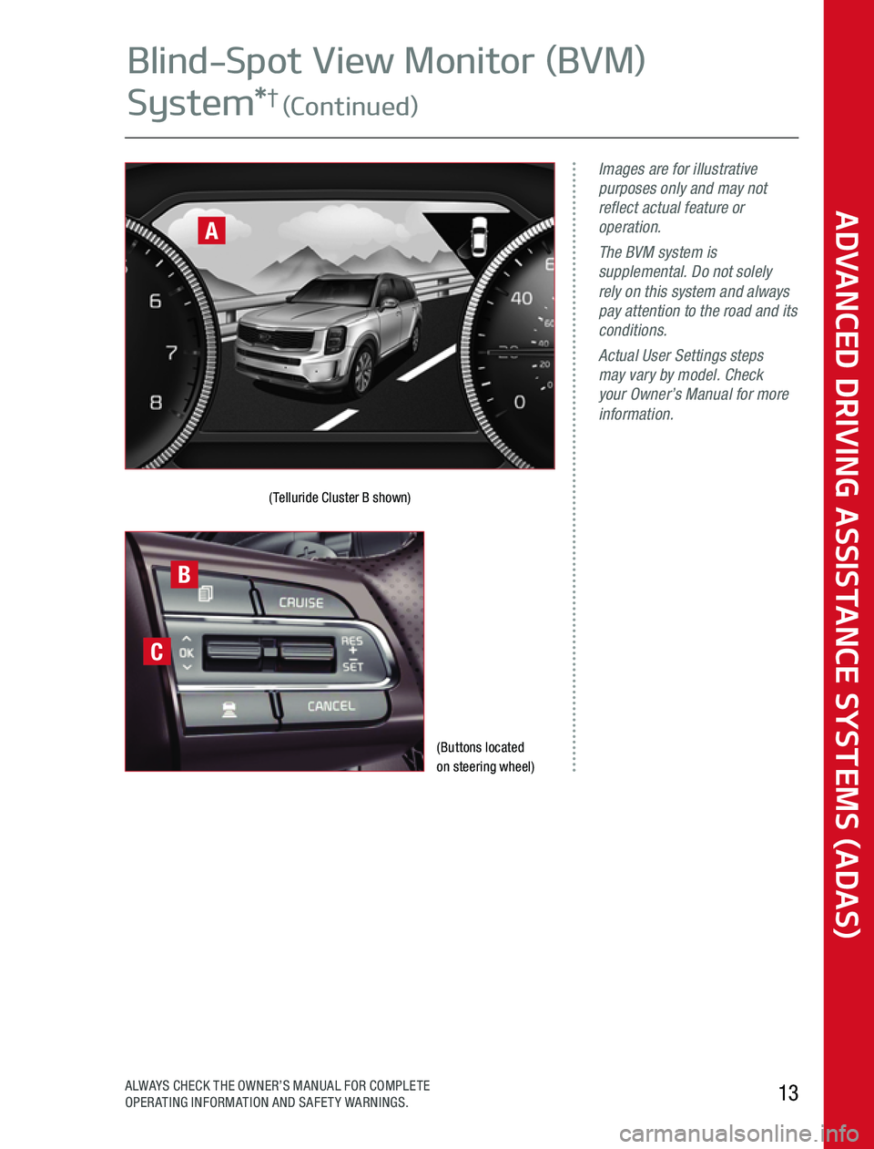 KIA SPORTAGE 2020  Advanced Driving Assistance System (Buttons located  on steering wheel)
(Telluride Cluster B shown)
Images are for illustrative purposes only and may not reflect actual feature or operation.The BVM system is supplemental. Do not solely
