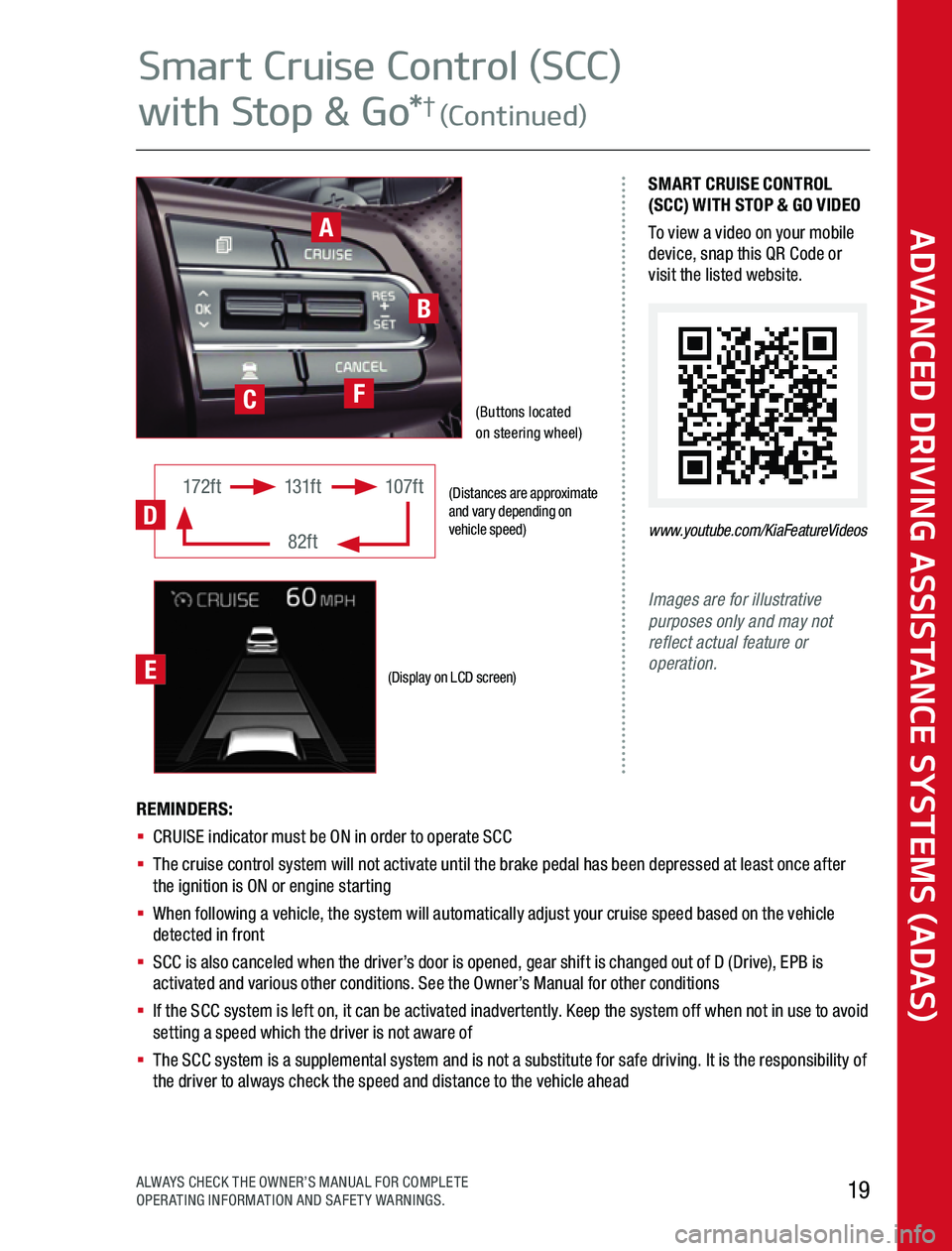 KIA SPORTAGE 2020  Advanced Driving Assistance System (Distances are approximate and vary depending on vehicle speed)
(Display on LCD screen)
172ft131ft
82ft
107ft
D
Images are for illustrative purposes only and may not reflect actual feature or operatio