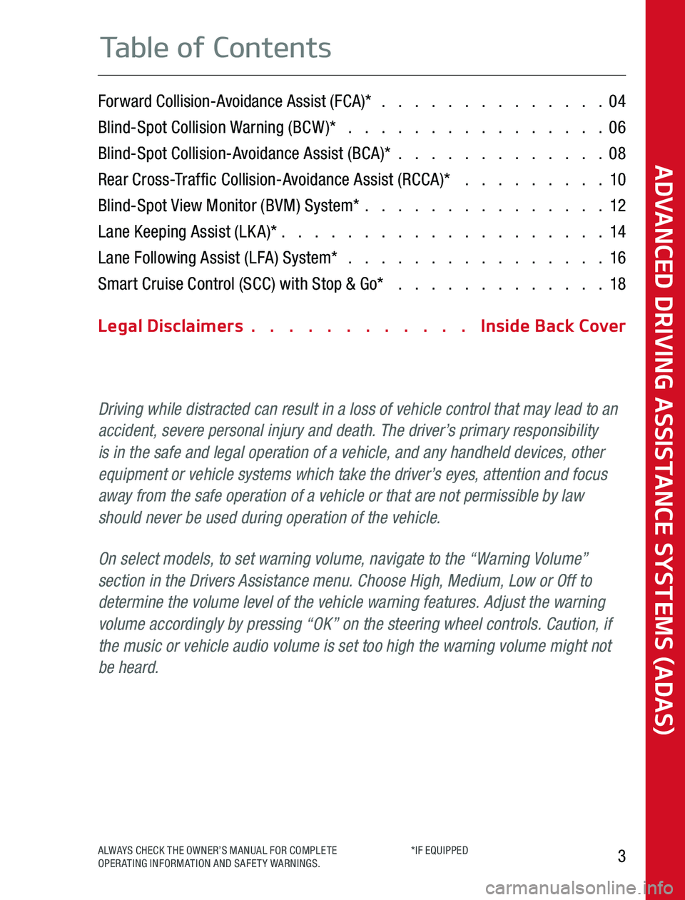 KIA SPORTAGE 2020  Advanced Driving Assistance System Forward Collision-Avoidance Assist (FCA)*                                           04
Blind-Spot Collision Warning (BCW)*                                                  06
Blind-Spot Collision-Avoi