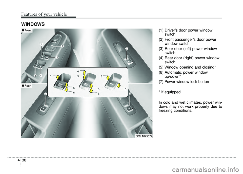 KIA SPORTAGE 2019  Owners Manual Features of your vehicle
38
4
(1) Driver’s door power window
switch
(2) Front passenger’s door power window switch
(3) Rear door (left) power window switch
(4) Rear door (right) power window switc