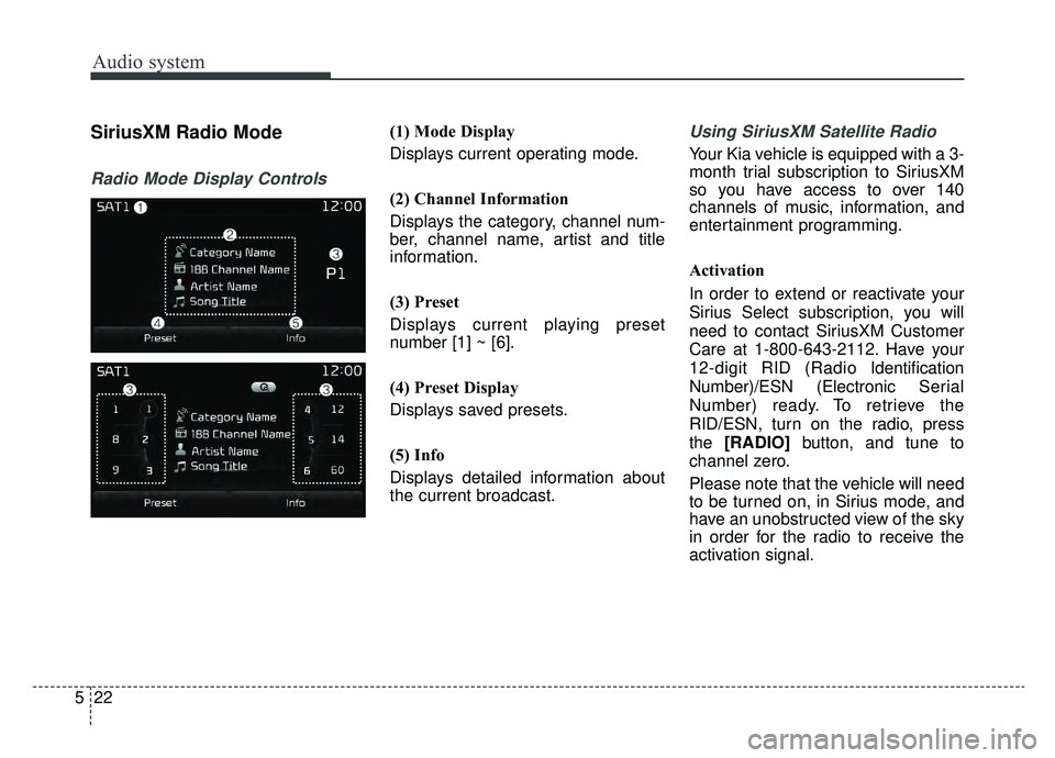 KIA SPORTAGE 2019  Owners Manual Audio system
22
5
SiriusXM Radio Mode
Radio Mode Display Controls
(1) Mode Display
Displays current operating mode.
(2) Channel Information
Displays the category, channel num-
ber, channel name, artis