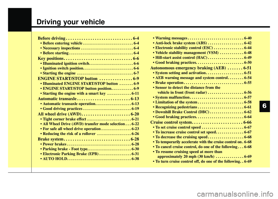 KIA SPORTAGE 2019  Owners Manual Driving your vehicle
Before driving . . . . . . . . . . . . . . . . . . . . . . . . . . . . . . 6-4
• Before entering vehicle . . . . . . . . . . . . . . . . . . . . . . . . . 6-4
 . . . . . . . . .