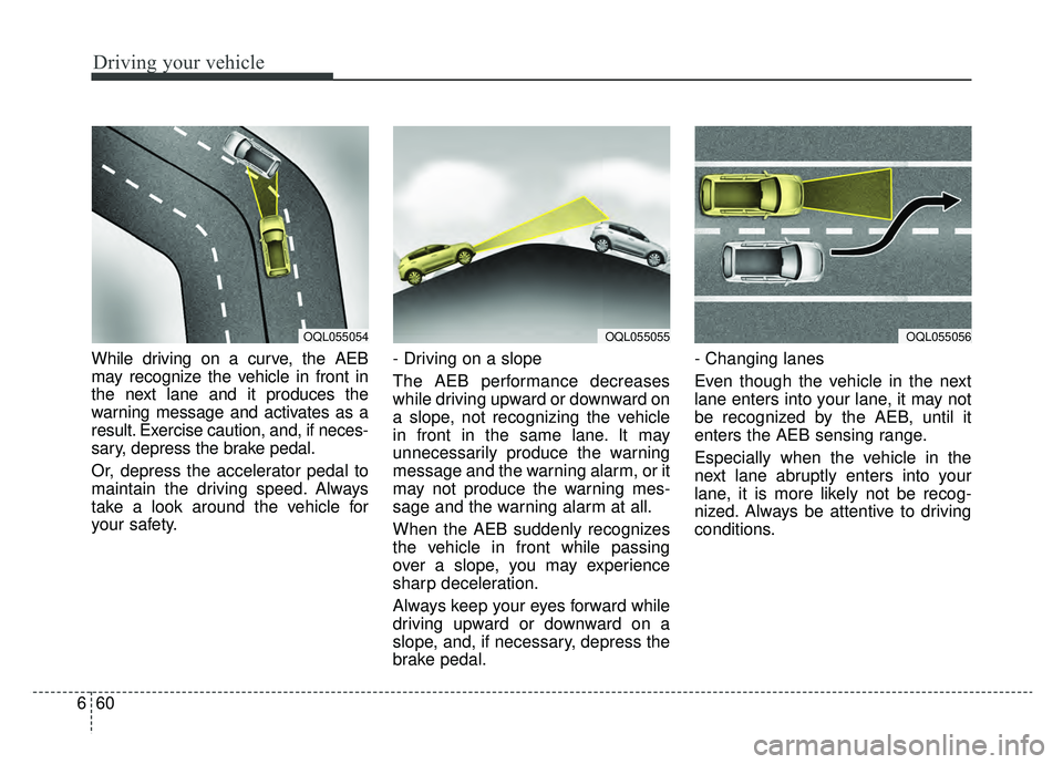 KIA SPORTAGE 2019  Owners Manual Driving your vehicle
60
6
While driving on a curve, the AEB
may recognize the vehicle in front in
the next lane and it produces the
warning message and activates as a
result. Exercise caution, and, if