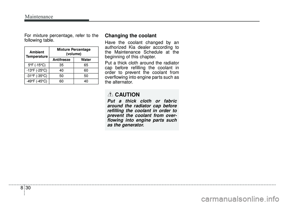 KIA SPORTAGE 2019  Owners Manual Maintenance
30
8
For mixture percentage, refer to the
following table.Changing the coolant
Have the coolant changed by an
authorized Kia dealer according to
the Maintenance Schedule at the
beginning o