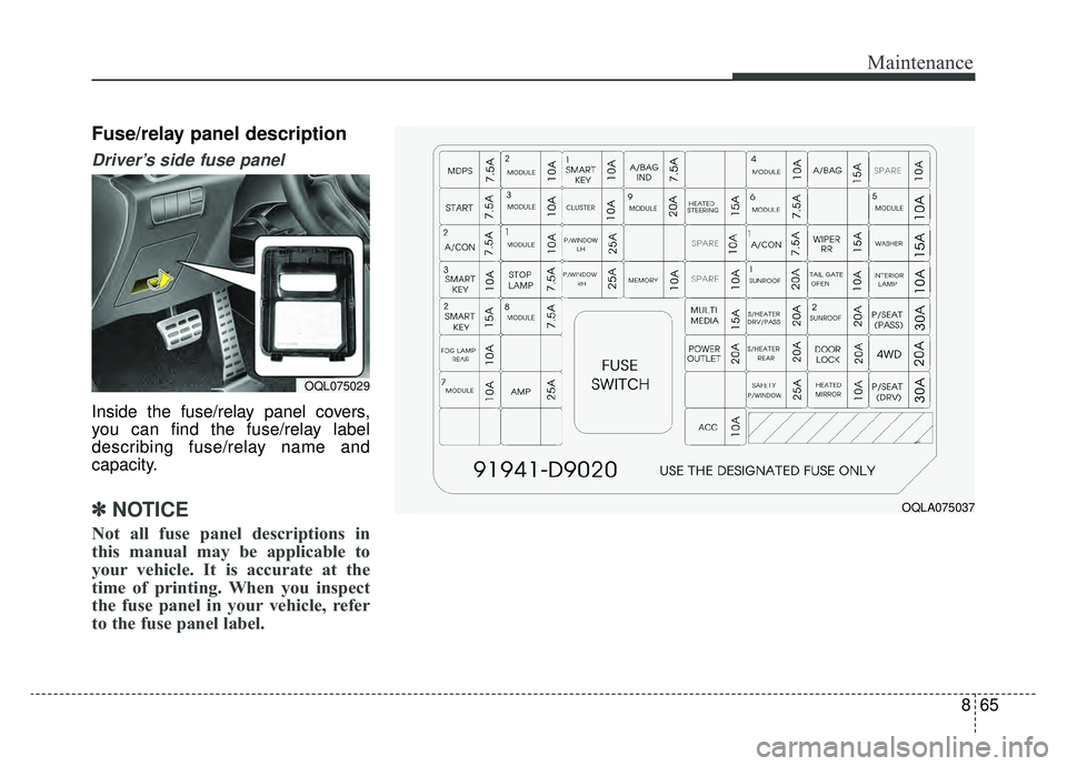 KIA SPORTAGE 2019  Owners Manual 865
Maintenance
Fuse/relay panel description
Driver’s side fuse panel 
Inside the fuse/relay panel covers,
you can find the fuse/relay label
describing fuse/relay name and
capacity.
✽ ✽NOTICE
No