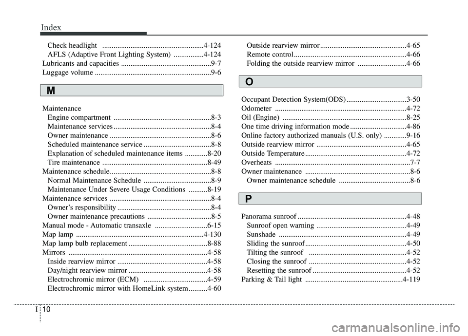 KIA SPORTAGE 2019  Owners Manual Index
10I
Check headlight  ......................................................4-124
AFLS (Adaptive Front Lighting System) ................4-124
Lubricants and capacities ...........................