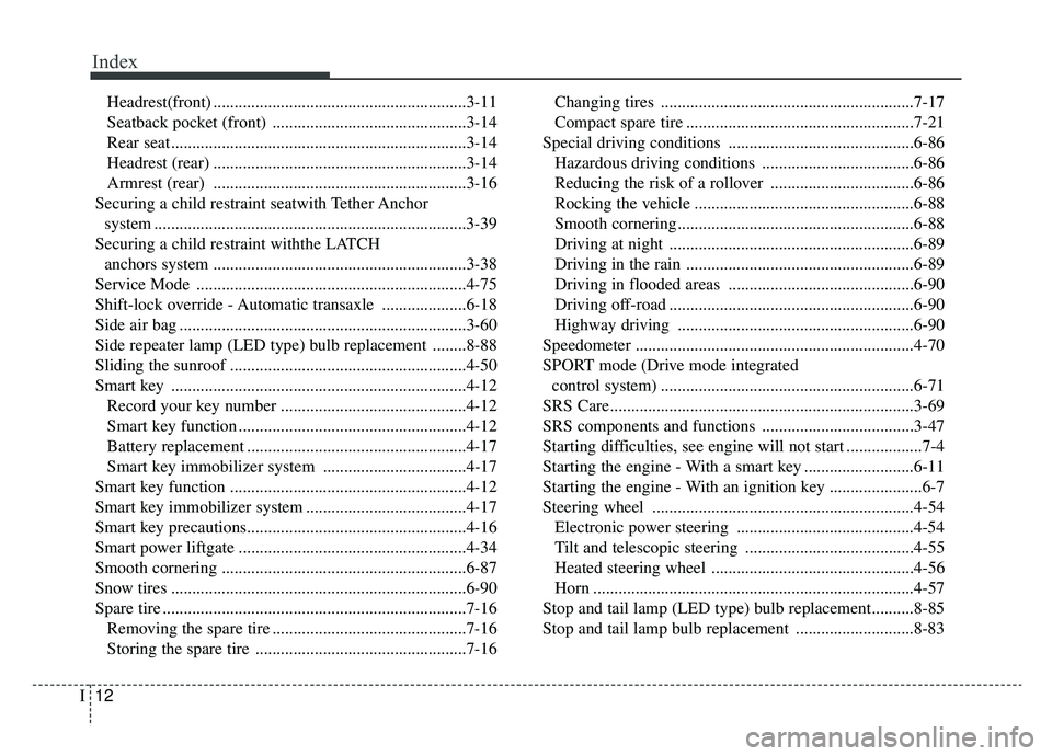 KIA SPORTAGE 2019  Owners Manual Index
12I
Headrest(front) ............................................................3-11
Seatback pocket (front) ..............................................3-14
Rear seat ........................