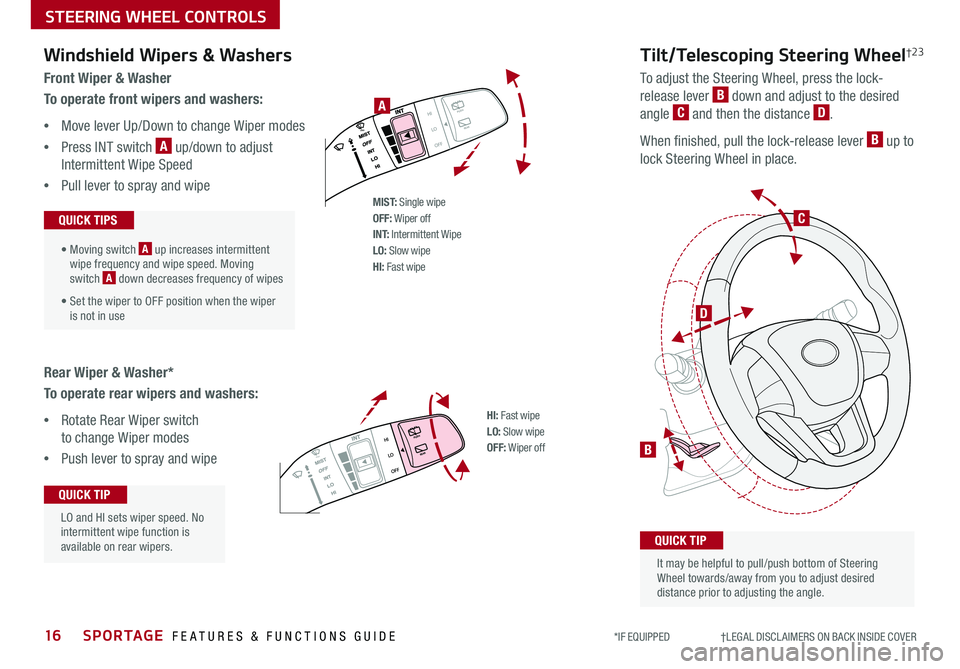 KIA SPORTAGE 2019 Features and Functions Guide SPORTAGE FEATURES & FUNCTIONS GUIDE
STEERING WHEEL CONTROLS
16*IF EQUIPPED †LEGAL DISCL AIMERS ON BACK INSIDE COVER
B
D
C
To adjust the Steering Wheel, press the lock-
release l KIA SPORTAGE 2019 Features and Functions Guide SPORTAGE FEATURES & FUNCTIONS GUIDE
STEERING WHEEL CONTROLS
16*IF EQUIPPED †LEGAL DISCL AIMERS ON BACK INSIDE COVER
B
D
C
To adjust the Steering Wheel, press the lock-
release l