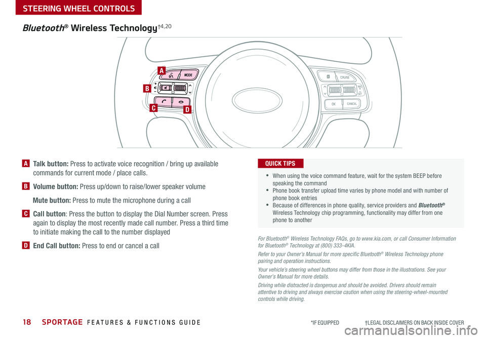 KIA SPORTAGE 2019 Features and Functions Guide 18SPORTAGE FEATURES & FUNCTIONS GUIDE
STEERING WHEEL CONTROLS
*IF EQUIPPED †LEGAL DISCL AIMERS ON BACK INSIDE COVER
TH E S YSTE M
Bluetooth® Wireless Technology†4,20
A
CD
B
A KIA SPORTAGE 2019 Features and Functions Guide 18SPORTAGE FEATURES & FUNCTIONS GUIDE
STEERING WHEEL CONTROLS
*IF EQUIPPED †LEGAL DISCL AIMERS ON BACK INSIDE COVER
TH E S YSTE M
Bluetooth® Wireless Technology†4,20
A
CD
B
A