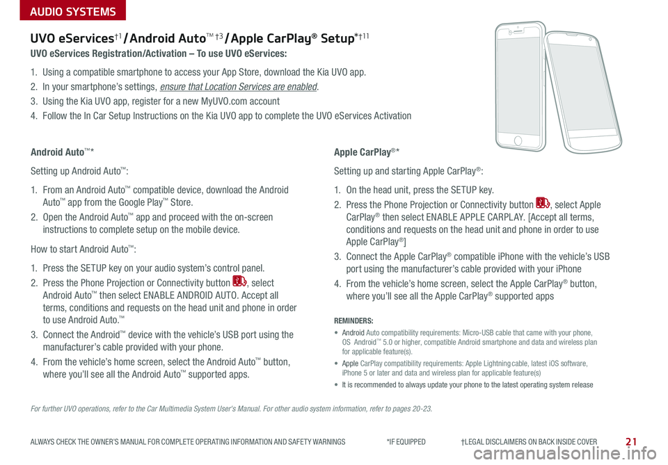 KIA SPORTAGE 2019 Features and Functions Guide AUDIO SYSTEMS
21
For further UVO operations, refer to the Car Multimedia System User's Manual. For other audio system information, refer to pages 20-23.
UVO eServices†1 / Android AutoTM †3 / KIA SPORTAGE 2019 Features and Functions Guide AUDIO SYSTEMS
21
For further UVO operations, refer to the Car Multimedia System User's Manual. For other audio system information, refer to pages 20-23.
UVO eServices†1 / Android AutoTM †3 /
