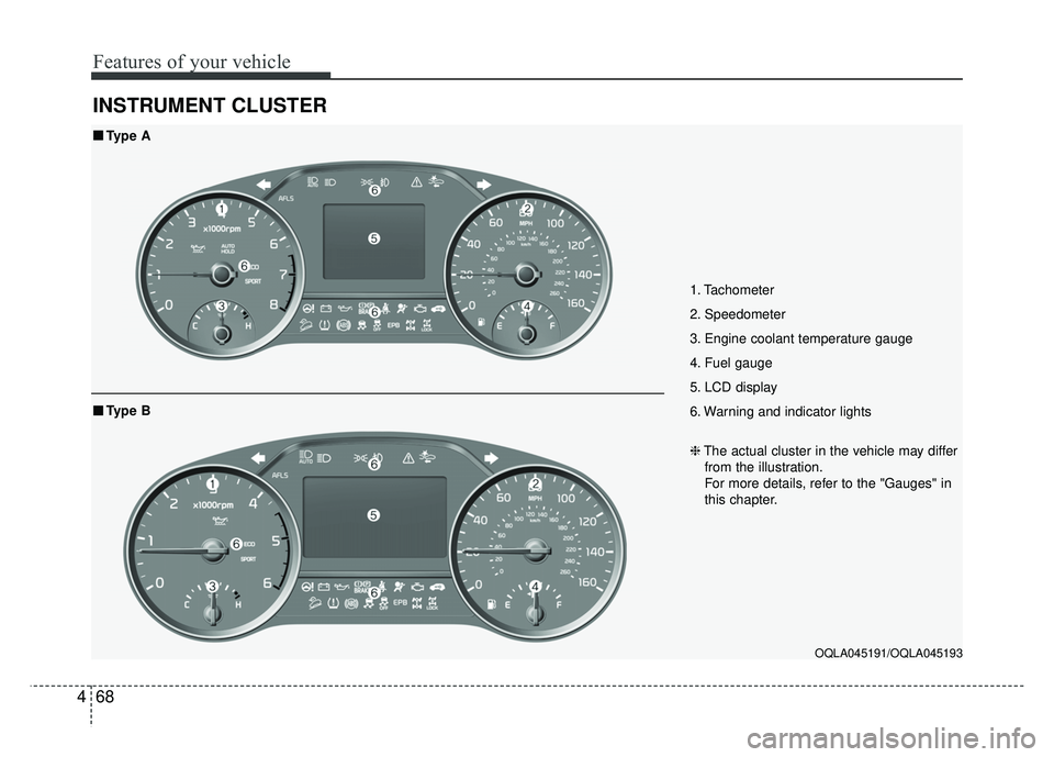 KIA SPORTAGE 2018  Owners Manual Features of your vehicle
68
4
INSTRUMENT CLUSTER
1. Tachometer 
2. Speedometer
3. Engine coolant temperature gauge
4. Fuel gauge
5. LCD display
6. Warning and indicator lights
OQLA045191/OQLA045193
