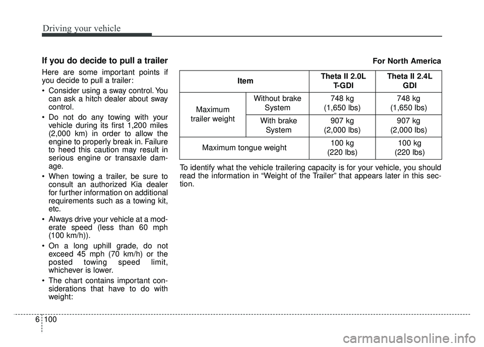 KIA SPORTAGE 2018 Owners Manual Driving your vehicle
100
6
If you do decide to pull a trailer
Here are some important points if
you decide to pull a trailer:
Consider using a sway control. You
can ask a hitch dealer about sway
cont KIA SPORTAGE 2018 Owners Manual Driving your vehicle
100
6
If you do decide to pull a trailer
Here are some important points if
you decide to pull a trailer:
Consider using a sway control. You
can ask a hitch dealer about sway
cont