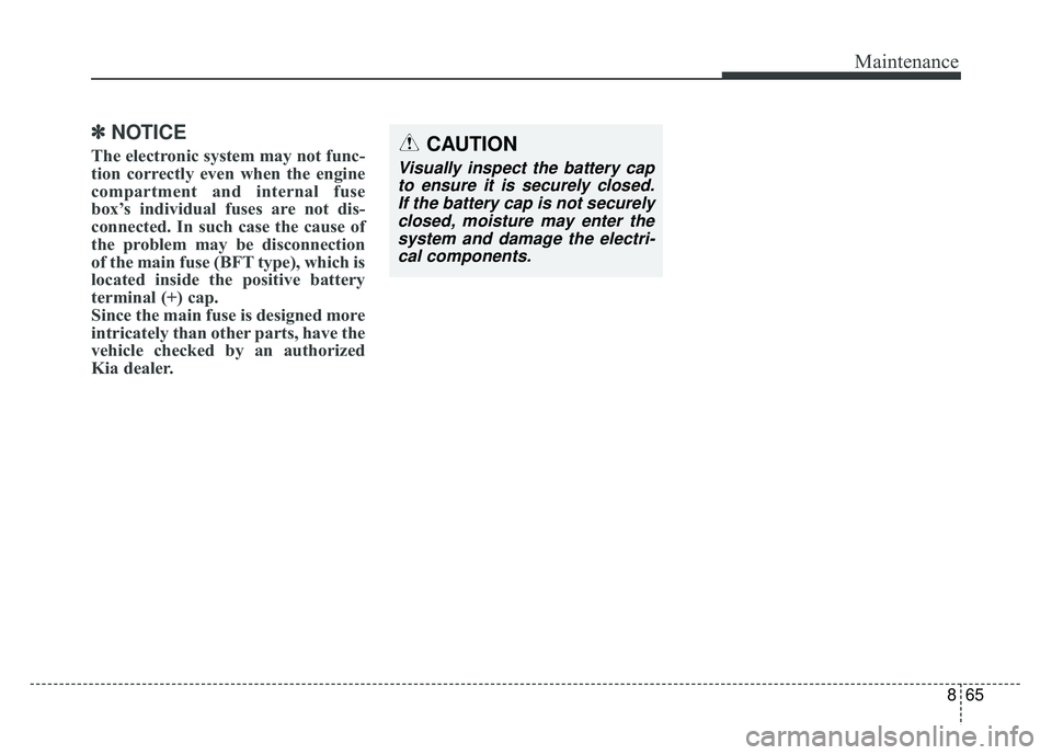 KIA SPORTAGE 2018  Owners Manual 865
Maintenance
✽
✽NOTICE
The electronic system may not func-
tion correctly even when the engine
compartment and internal fuse
box’s individual fuses are not dis-
connected. In such case the ca