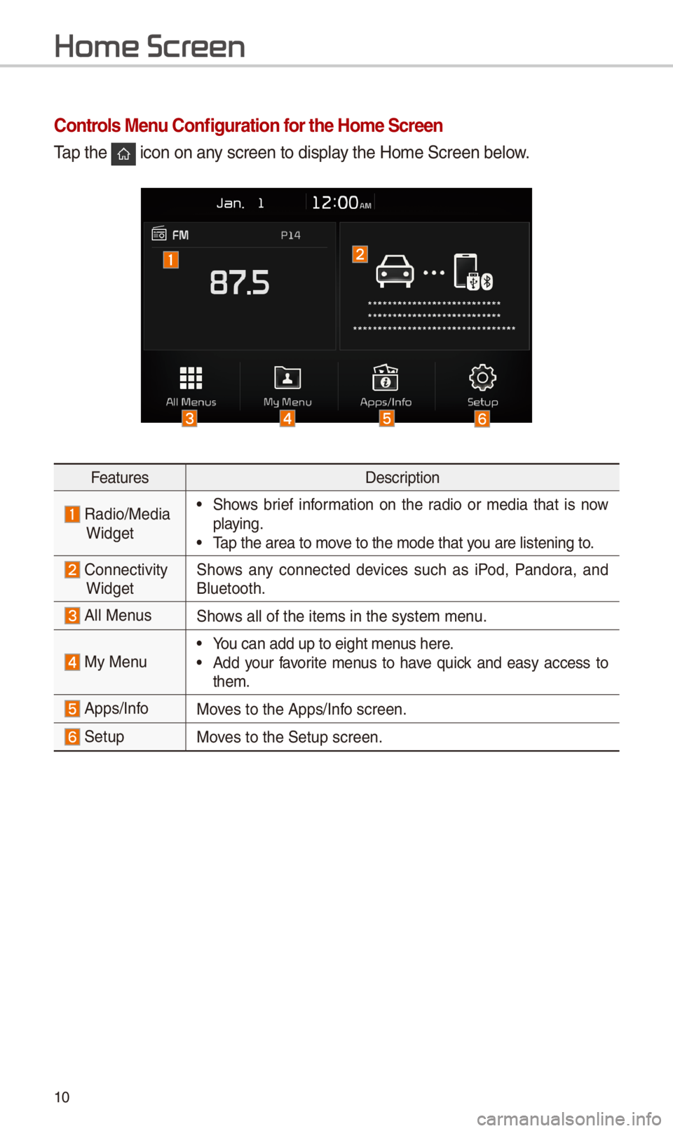 KIA SPORTAGE 2018  Quick Reference Guide 10
Home Scr
\bontrols Menu \bonfiguration for the Home \fcreen
Tap t\be  icon on any screen to display t\be Home Screen b\ielow.
FeaturesDescription
  Radio/Media
Widget
 •S\bows  brief  information