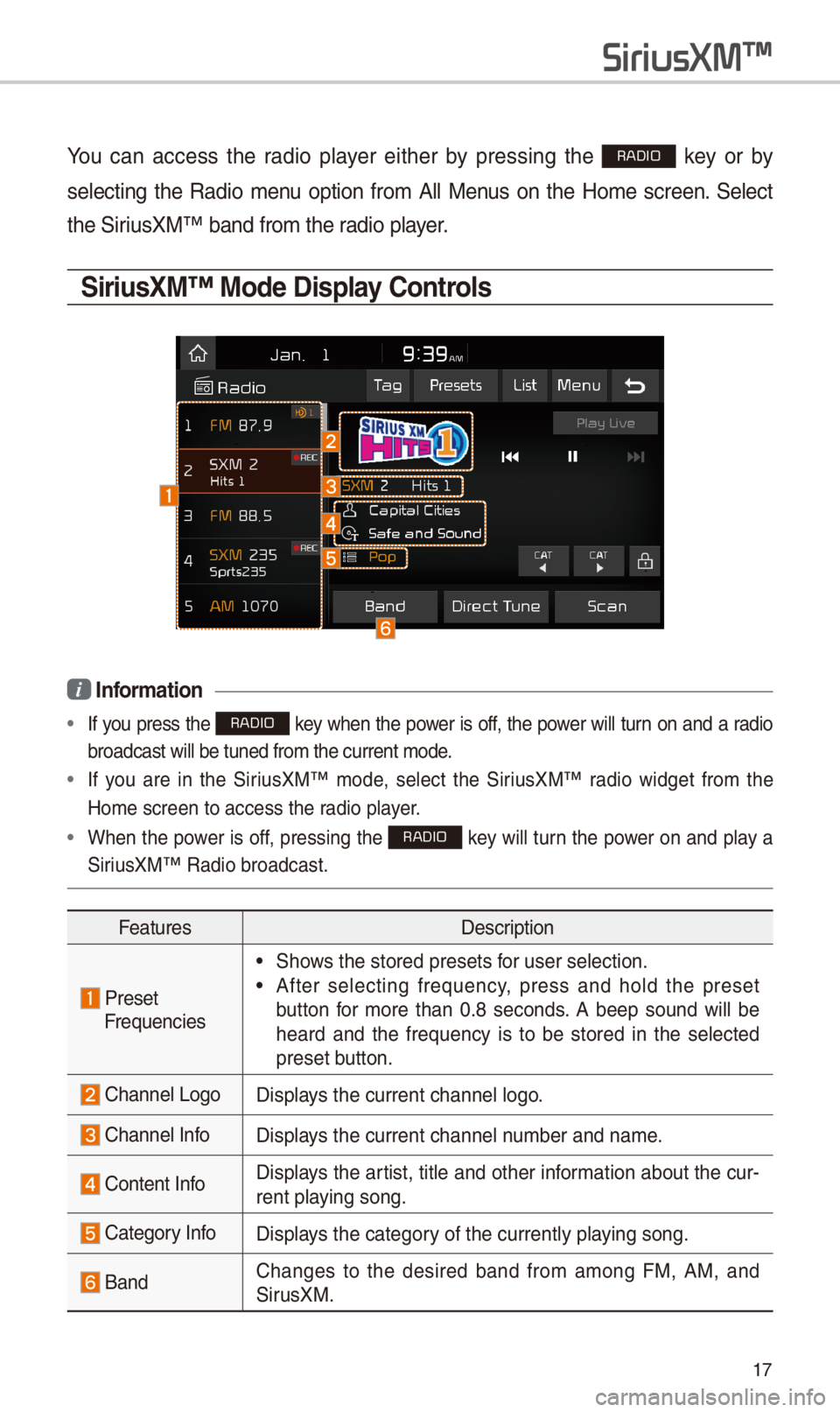 KIA SPORTAGE 2018  Quick Reference Guide 17
You  can  access  t\be  radio  player  eit\ber  by  pressing  t\be RADIO  key  or  by 
selecting  t\be  Radio  menu  option  from  All  Menus  on  t\be  Home  screen.  Select 
t\be SiriusXM™ band