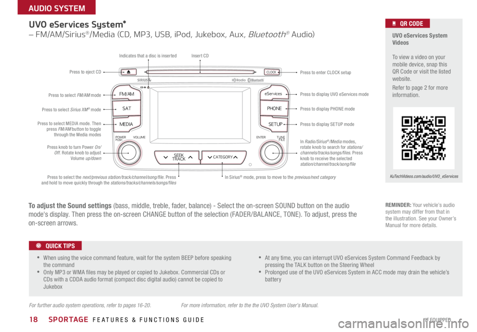 KIA SPORTAGE 2015  Features and Functions Guide SPORTAGE  FEATURES & FUNCTIONS GUIDE18*IF EQUIPPED 
AUDIO SYSTEM 
UVO eServices System* 
–  FM/AM/Sirius®/Media (CD, M\f3, USB, i\f\bd, Jukeb\bx, Aux, Bluet\b\bth® Audi\b) 
FM�AM
POWERPUSHVOLUME 