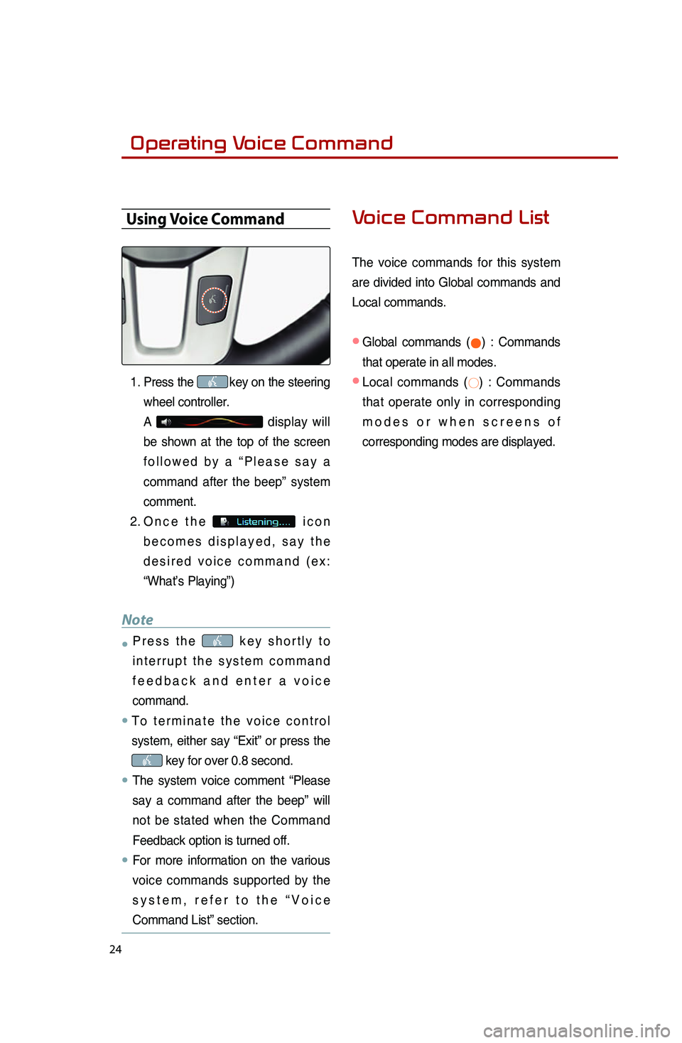 KIA SPORTAGE 2014  Quick Reference Guide  
24
Operating Voice Command
Using Voice Command
1..Press.the.key.on.the.steering.
wh

eel
.co

ntroller.
A
..display.will.
be.sh

own
.at.th

e
.to

p
.of.th
 e
.sc
 reen
.
f o

l l o w e d
.b y.a.