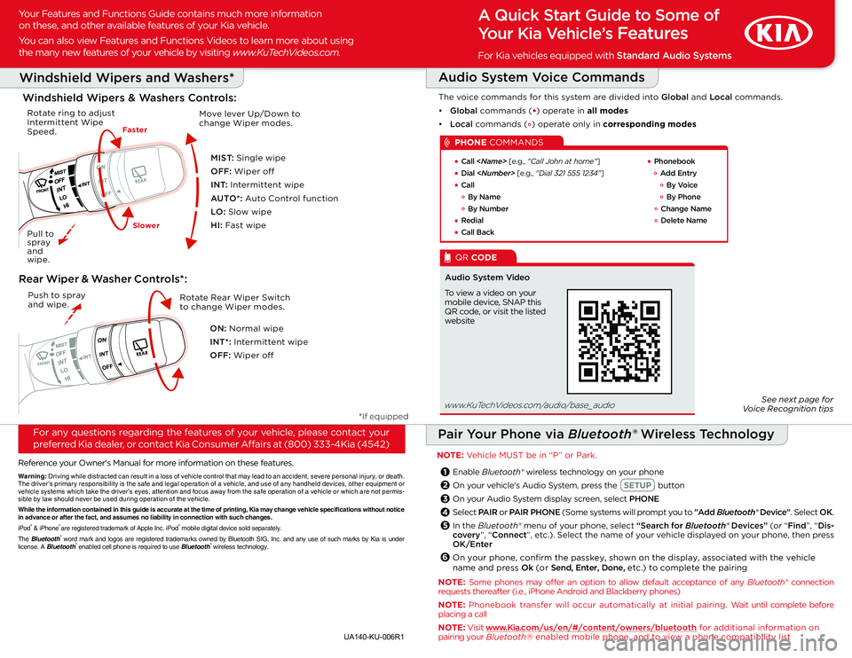 KIA SPORTAGE 2014  Quick Start Guide Base Audio A Quick Start Guide to Some of 
Your Kia Vehicle’s Features
Audio System Voice Commands
The voice commands for this system are divided into Global and Local commands. 
•   Global commands (●) op