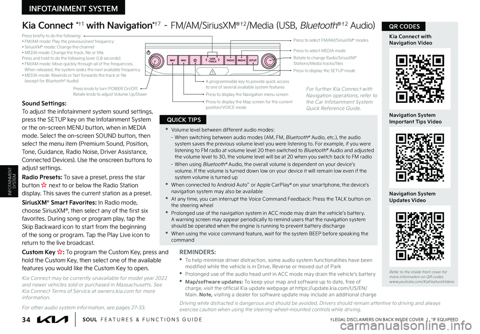 KIA SOUL 2023  Features and Functions Guide 34†LEGAL DISCL AIMERS ON BACK INSIDE COVER   |   *IF EQUIPPEDSOUL  FEATURES & FUNCTIONS GUIDE
RADIO
SEEK
TRACK
N AV
MAP MEDIASETUP
A programmable key to provide quick access to one of several availa