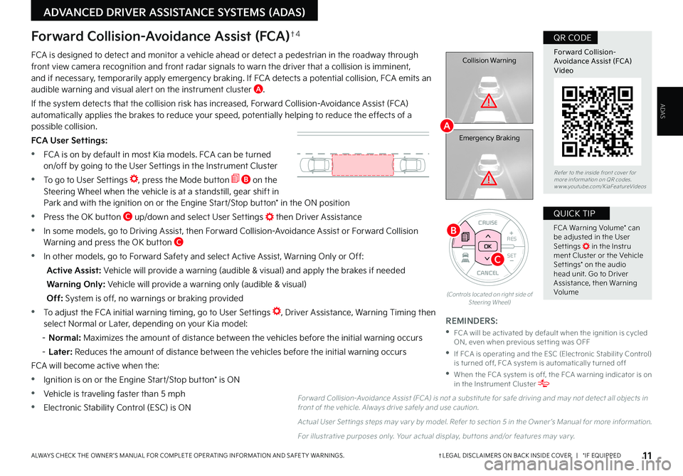 KIA SOUL 2022  Features and Functions Guide ADVANCED DRIVER ASSISTANCE SYSTEMS (ADAS)
ADAS
11†LEGAL DISCL AIMERS ON BACK INSIDE COVER   |   *IF EQUIPPEDALWAYS CHECK THE OWNER ’S MANUAL FOR COMPLETE OPER ATING INFORMATION AND SAFET Y WARNING