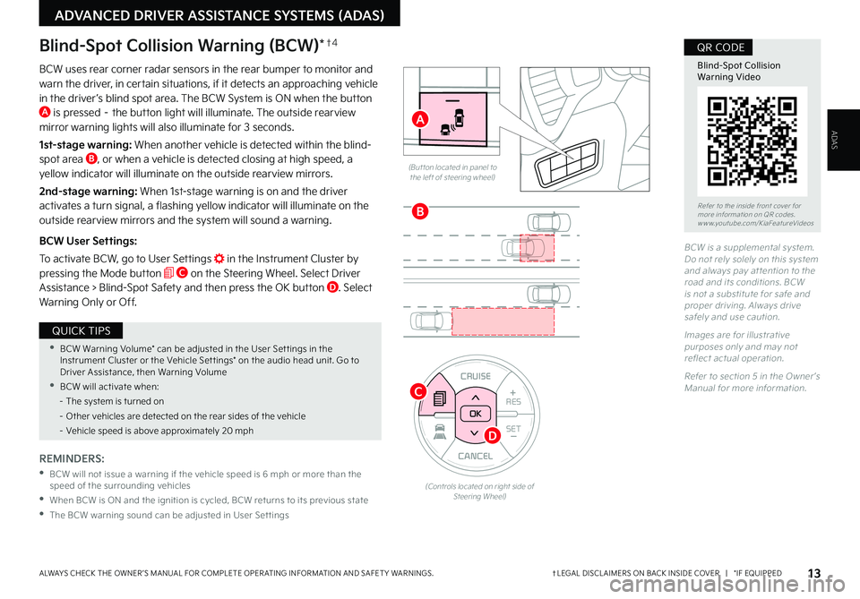 KIA SOUL 2022  Features and Functions Guide ADVANCED DRIVER ASSISTANCE SYSTEMS (ADAS)
ADAS
13†LEGAL DISCL AIMERS ON BACK INSIDE COVER   |   *IF EQUIPPEDALWAYS CHECK THE OWNER ’S MANUAL FOR COMPLETE OPER ATING INFORMATION AND SAFET Y WARNING