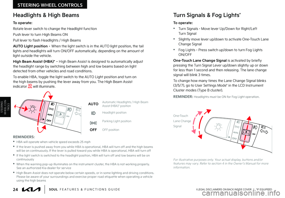 KIA SOUL 2022  Features and Functions Guide STEERING WHEEL CONTROLS
24†LEGAL DISCL AIMERS ON BACK INSIDE COVER   |   *IF EQUIPPEDSOUL  FEATURES & FUNCTIONS GUIDE
STEERING WHEEL CON
-
TROLS
AUTOAutomatic Headlights / High Beam Assist (HBA)* po