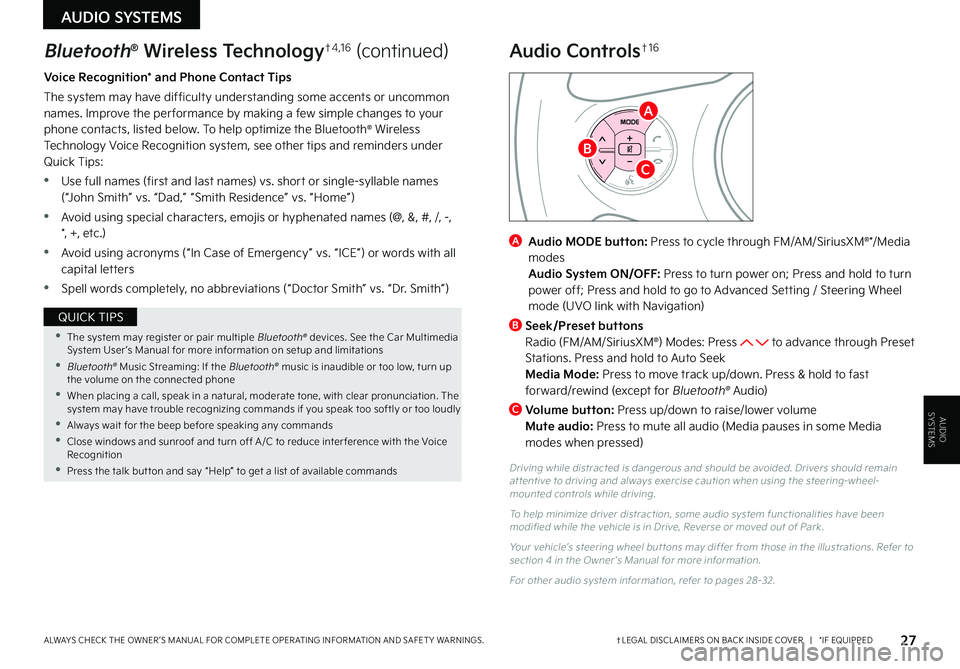 KIA SOUL 2022  Features and Functions Guide 27†LEGAL DISCL AIMERS ON BACK INSIDE COVER   |   *IF EQUIPPEDALWAYS CHECK THE OWNER ’S MANUAL FOR COMPLETE OPER ATING INFORMATION AND SAFET Y WARNINGS . 
AUDIO SYSTEMS
AUDIOSYSTEMS
Voice Recogniti