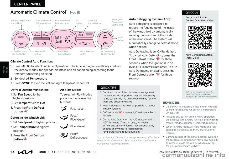 KIA SOUL 2022  Features and Functions Guide CENTER PANEL
CENTER PANEL
34†LEGAL DISCL AIMERS ON BACK INSIDE COVER   |   *IF EQUIPPEDSOUL  FEATURES & FUNCTIONS GUIDE
REMINDERS: 
 • 
Cold or warm ambient air may flow in through vents if Recirc