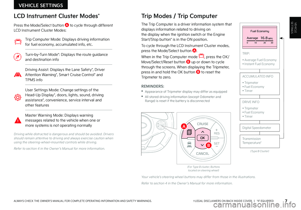 KIA SOUL 2022  Features and Functions Guide VEHICLESETTINGS
VEHICLE SETTINGS
7†LEGAL DISCL AIMERS ON BACK INSIDE COVER   |   *IF EQUIPPEDALWAYS CHECK THE OWNER ’S MANUAL FOR COMPLETE OPER ATING INFORMATION AND SAFET Y WARNINGS . 
The Trip C