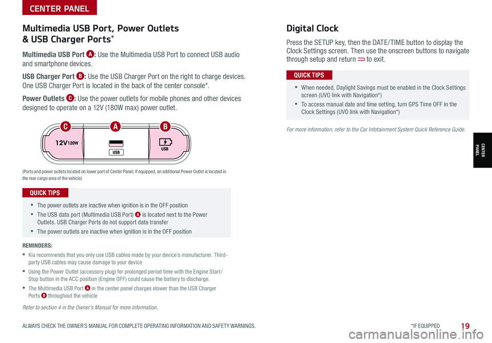 KIA SOUL 2021  Features and Functions Guide ALWAYS CHECK THE OWNER’S MANUAL FOR COMPLETE OPER ATING INFORMATION AND SAFET Y WARNINGS. *IF EQUIPPED19
CENTER PANEL
CENTER PANEL
 •The power outlets are inactive when ignition is in the OFF posi