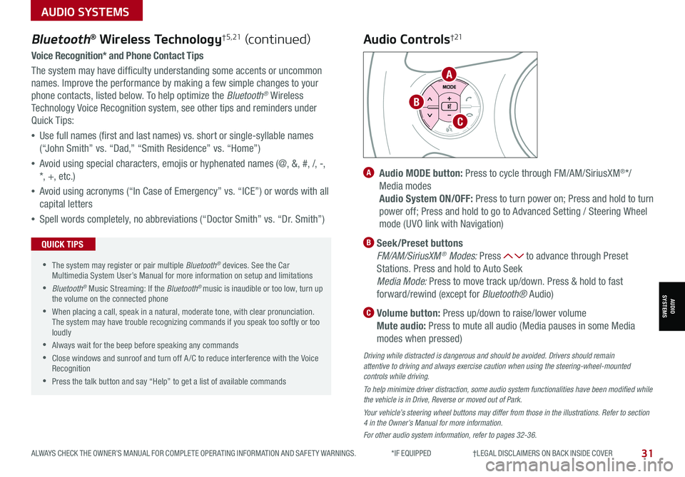 KIA SOUL 2021 Features and Functions Guide ALWAYS CHECK THE OWNER’S MANUAL FOR COMPLETE OPER ATING INFORMATION AND SAFET Y WARNINGS. *IF EQUIPPED †LEGAL DISCL AIMERS ON BACK INSIDE COVER31
AUDIO SYSTEMS
AUDIOSYSTEMS
KIA SOUL 2021 Features and Functions Guide ALWAYS CHECK THE OWNER’S MANUAL FOR COMPLETE OPER ATING INFORMATION AND SAFET Y WARNINGS. *IF EQUIPPED †LEGAL DISCL AIMERS ON BACK INSIDE COVER31
AUDIO SYSTEMS
AUDIOSYSTEMS