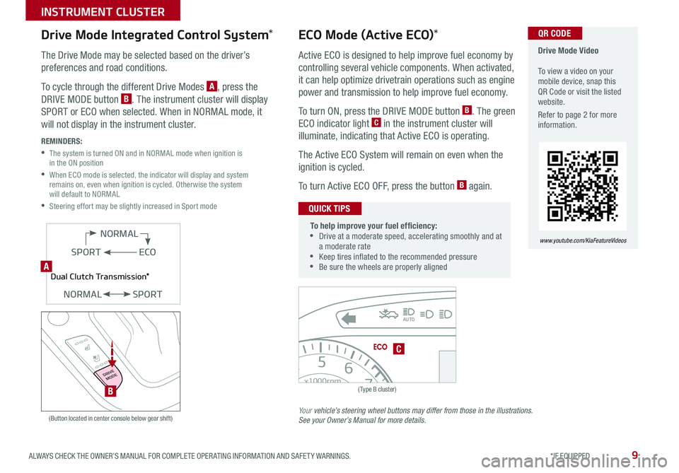 KIA SOUL 2020 Features and Functions Guide 9ALWAYS CHECK THE OWNER’S MANUAL FOR COMPLETE OPER ATING INFORMATION AND SAFET Y WARNINGS *IF EQUIPPED
INSTRUMENT CLUSTER
0
2
3
4
5
6
7
8x1000rpm
H
C
AUTO
BRAKEP
ABSE F
2040
60
80
100
120
140
160
KIA SOUL 2020 Features and Functions Guide 9ALWAYS CHECK THE OWNER’S MANUAL FOR COMPLETE OPER ATING INFORMATION AND SAFET Y WARNINGS *IF EQUIPPED
INSTRUMENT CLUSTER
0
2
3
4
5
6
7
8x1000rpm
H
C
AUTO
BRAKEP
ABSE F
2040
60
80
100
120
140
160