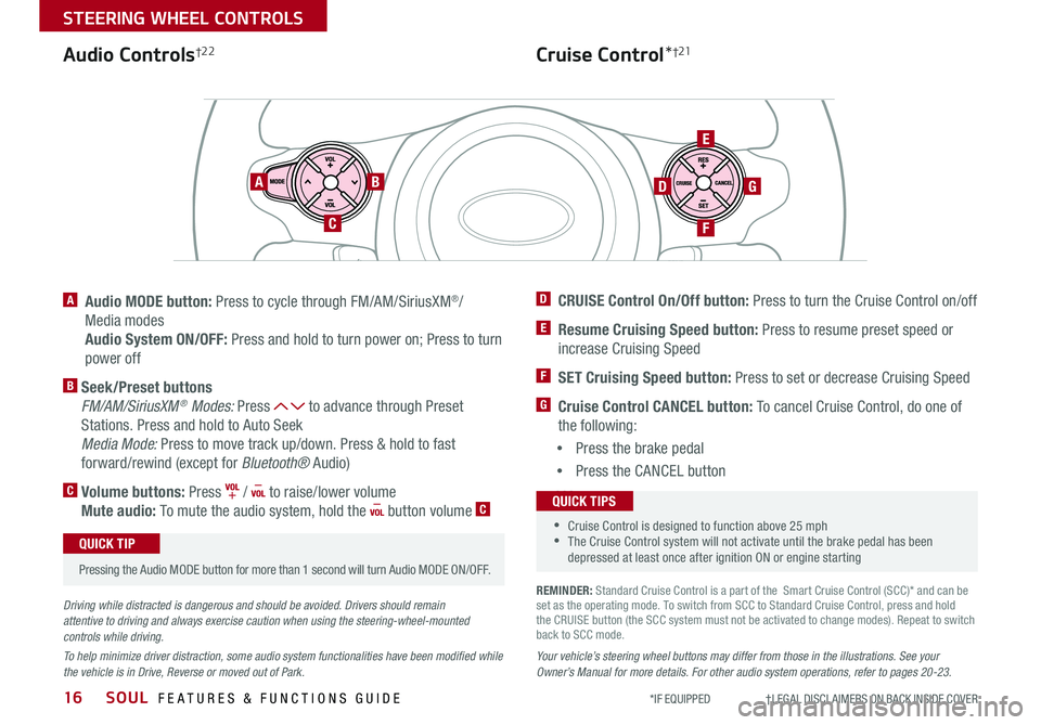 KIA SOUL 2019  Features and Functions Guide SOUL  FEATURES & FUNCTIONS GUIDE16
STEERING WHEEL CONTROLS
*IF EQUIPPED                     †LEGAL DISCL AIMERS ON BACK INSIDE COVER
Cruise Control*†21
AB
C
E
GD
F
A   Audio MODE button: Press to 