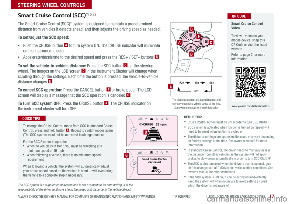 KIA SOUL 2019 Features and Functions Guide 17
STEERING WHEEL CONTROLS
ALWAYS CHECK THE OWNER’S MANUAL FOR COMPLETE OPER ATING INFORMATION AND SAFET Y WARNINGS *IF EQUIPPED †LEGAL DISCL AIMERS ON BACK INSIDE COVER
The S KIA SOUL 2019 Features and Functions Guide 17
STEERING WHEEL CONTROLS
ALWAYS CHECK THE OWNER’S MANUAL FOR COMPLETE OPER ATING INFORMATION AND SAFET Y WARNINGS *IF EQUIPPED †LEGAL DISCL AIMERS ON BACK INSIDE COVER
The S